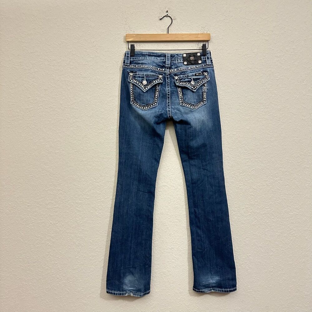 MISS ME Heavily Studded w Rhinestones Mid-Rise Bootcut Jeans in Blue